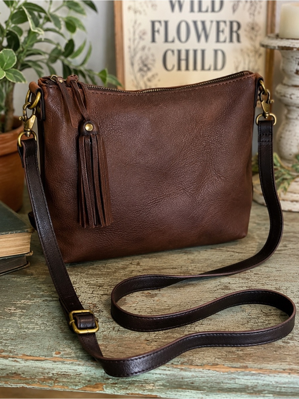 Dark Brown Leather Crossbody Strap With Gold Hardware
